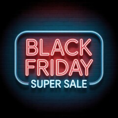 Black friday super sale neon sign glowing on a dark brick wall, advertising a major shopping event with red and blue lights