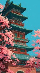 A tall, multi-tiered, East Asian-style pagoda framed by blooming pink cherry blossom branches against a clear blue sky in an illustrative rendering