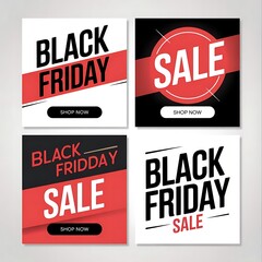 Collection of black friday sale banners and templates with bold typography and dynamic design elements for online and offline advertising