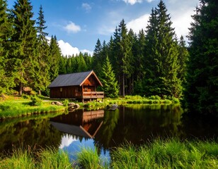 Fototapeta premium Rustic mountain cabin by a pond
