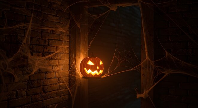 A glowing jack-o'-lantern illuminates a dark, cobweb-filled room, creating a spooky Halloween atmosphere.