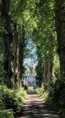 Serene dirt path lined by tall trees leads to a large, white building in the distance, bathed in sunlight. Rich greenery surrounds the scene