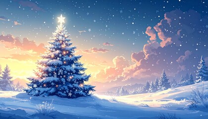 Naklejka premium 雪降る雪原で輝くクリスマスツリー 生成AIイラスト