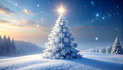 雪降る雪原で輝くクリスマスツリー　生成AIイラスト
