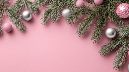 Festive Pink Background with Silver and Pink Christmas Ornaments and Pine Branches