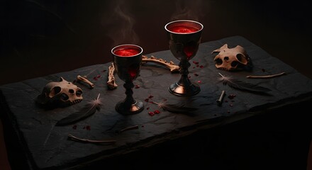 Dark ritualistic setup featuring two steaming silver goblets filled with blood-red liquid, surrounded by bones and feathers.