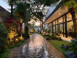 Obraz premium Garden Pathway with Modern Home and Lush Greenery