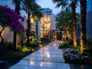 Fototapeta premium Luxury Home Entrance with Glass Facade and Lush Landscaping