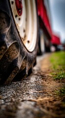 A close-up captures a tractor tire on a gravel path, with a blurred red machine behind. Focus on texture, rural vibes, and earthy tones