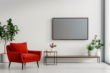 Minimalist Living Room with Bold Red Armchair and Sleek Wooden Table