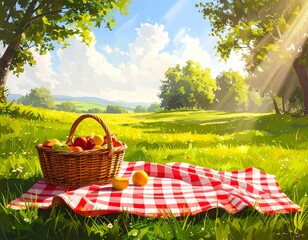 Picnic Basket on a Red and White Checkered Blanket in a Sunny Meadow
