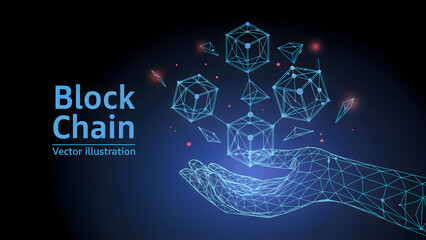 Blockchain technology connecting global data with secure wireframe hand