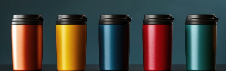 Five colorful insulated travel coffee cups with black lids lined up against a dark teal background evoking a sleek and modern vibe