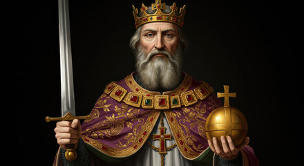 Portrait of a Medieval European King Holding a Sword and Orb – Royalty in Ornate Purple and Gold Regalia