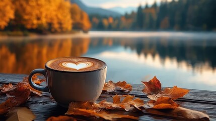 A warm cup of coffee with heart-shaped latte art surrounded by autumn leaves on a wooden table near a calm lake with fall foliage in the background