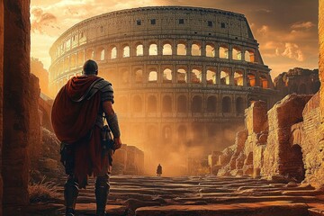 A lone warrior in ancient armor standing amidst ruins with a dramatic view of a large historical colosseum bathed in warm golden light and dusty atmosphere