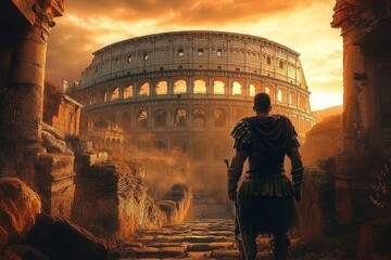 A lone armored warrior stands among ancient Roman ruins looking towards the colossal amphitheater at sunset with a dramatic orange sky
