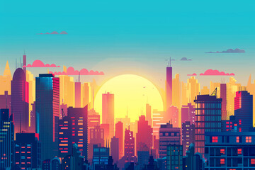 Fototapeta premium フラットデザインの街並みと夕日