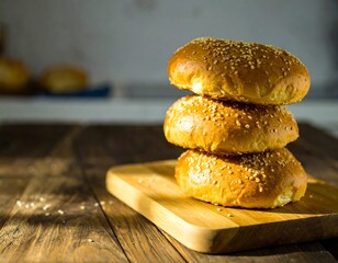 Stacked buns on wooden board