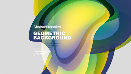 Abstract geometric background features vibrant color gradients. Fluid shapes overlap creating dynamic visual effect. Text present, button visible.