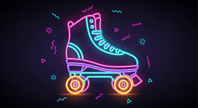 A retro neon roller skate illustration with vibrant pink and blue lines, evoking a sense of fun and nostalgia on a dark background with confetti