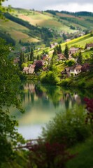 Scenic landscape shows a quaint European village nestled beside a calm lake, with rolling green hills under a softly diffused sky and warm, inviting light