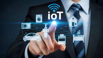 Businessman demonstrates internet of things technology integration concept