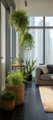 Lush indoor plants hang and cluster by floor to ceiling windows in modern apartment with black tile floor, natural light, woven baskets and cozy gray sofa creating serene urban oasis
