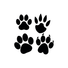 Various paw print illustrations of animals such as dogs, cats and birds silhouette vector