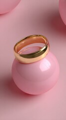 Gold ring balanced on a pink, glossy sphere against a pastel pink background. Soft shadows and highlights enhance the minimalist composition
