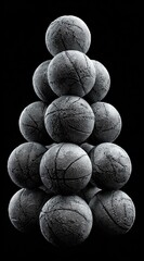 Stacked basketballs in pyramid formation, textured gray stone-like look against a stark black background. Creates abstract, artful visual texture