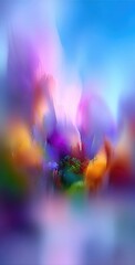 An abstract, blurred landscape displays vibrant hues of pink, purple, orange, green, and blue, evoking a sense of dreamlike beauty and soft, painterly texture
