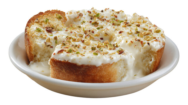Shahi Tukda Recipe Royal Indian Dessert with Bread and Cream isolated on a white background