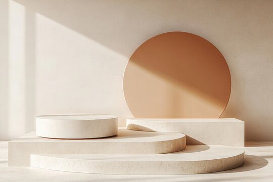 Minimalist beige and tan geometric shapes including circles and rectangles arranged with soft natural light and shadows on textured neutral background - Powered by Adobe