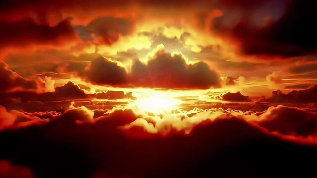 A breathtaking cinematic aerial shot of the sky with fiery orange and red clouds glowing as the sun sets. The intense lighting creates a powerful, dramatic, and emotional atmosphere, ideal for backgro