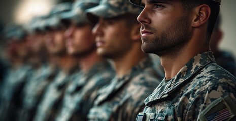 Close-up of focused military personnel in camouflage uniforms lined up in formation showing discipline and readiness