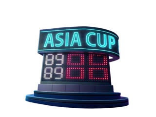 Glowing digital scoreboard displays A S I A C U P and scores 89 asia
