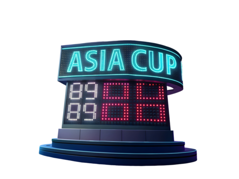 Glowing digital scoreboard displays A S I A C U P and scores 89 asia