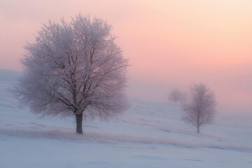 Fototapeta premium Three frost-covered bare trees on a snowy gentle hill under a soft pastel pink and orange misty sky at dawn or dusk