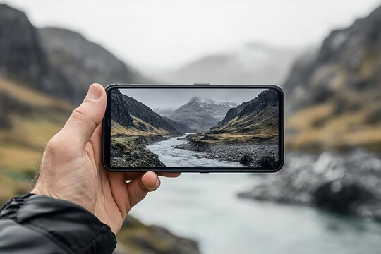 Hand holding smartphone capturing a picturesque mountain river valley with rocky terrain and misty peaks under overcast sky - Powered by Adobe