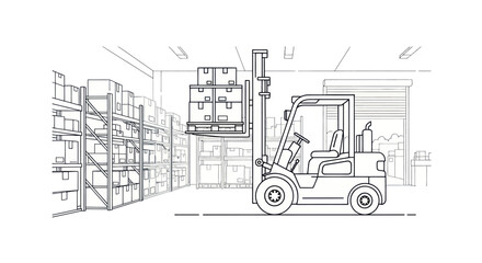 Forklift Truck Lifting Boxes in Warehouse, Line Art Illustration.