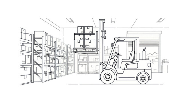 Forklift Truck Lifting Boxes in Warehouse, Line Art Illustration. - Powered by Adobe