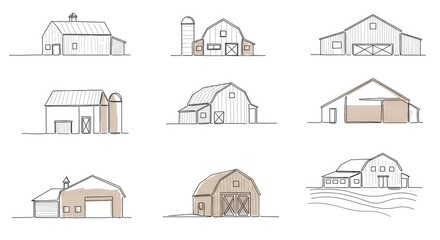 Fototapeta premium Collection of Hand-Drawn Barn Illustrations with Subtle Color Accents