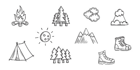 Nature adventure hand drawn doodle mountain icons set illustration vector