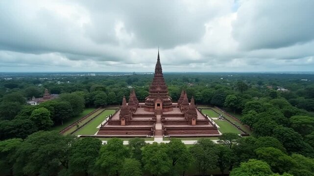 Aerial view of in Ayutthaya temple, Wat Phra Ram in Phra Nakhon Si Ayutthaya, Historic park in Thailand.Landscape with trees and clouds