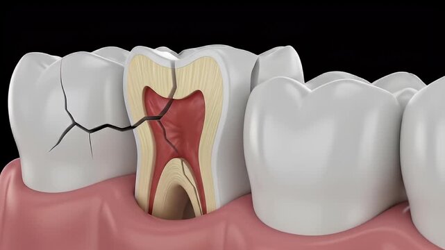 Cracked Teeth Close Up in Black Background Displaying Damaged Enamel and Interior of Molars with Pink Gums and White Enamel Surfaces Medical Concept