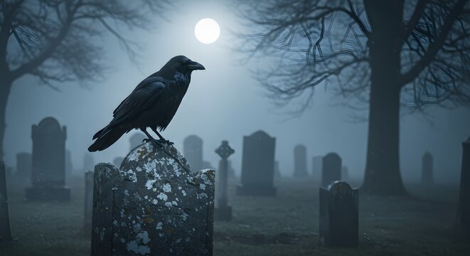 A black raven perches on a weathered tombstone in a foggy cemetery under a full moon at night.