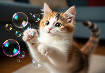 Enchanting feline moment: A playful kitten mesmerized by iridescent bubbles in a whimsical scene of innocent joy
