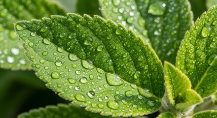 Close-up capturing vibrant green stevia plant leaves adorned with glistening water droplets in natural light