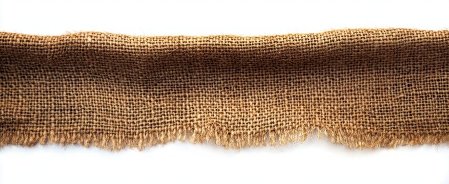 Close-up of frayed edge of brown burlap fabric on white background